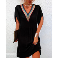 Contrast Lace V-Neck Casual Dress - black