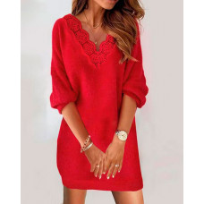 Contrast Lace V-Neck Casual Dress - red