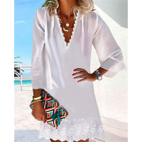 Contrast Lace V-Neck Casual Dress - white