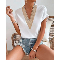 Contrast Lace V-Neck Casual Top - white