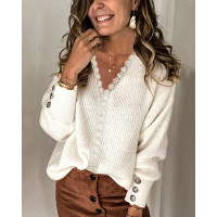 Contrast Lace V-Neck Chunky Knit Sweater - white