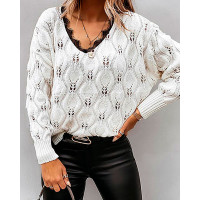 Contrast Lace V-Neck Hollow-out Sweater - white