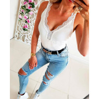 Contrast Lace V-Neck Ribbed Tank Top - white