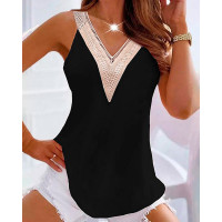 Contrast Lace V-Neck Tank Top - black