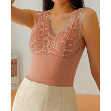 Contrast Lace Warm Fleece Lined Padded Tank Top - khaki