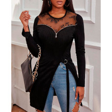 Contrast Lace Zip Detail High Slit Ribbed Top - black