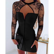 Contrast Lace Zipper Design Cutout Bodycon Dress - black