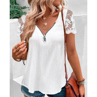 Contrast Lace Zipper Design V-Neck Top - white