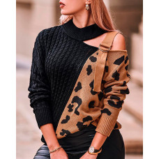 Contrast Leopard Buckle Detail Cold Shoulder Sweater - black