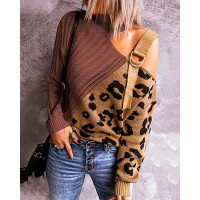 Contrast Leopard Buckle Detail Cold Shoulder Sweater - brown