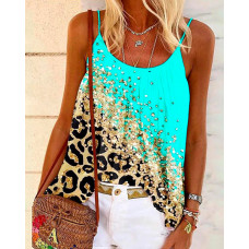 Contrast Leopard Casual Cami Top - turquoise blue