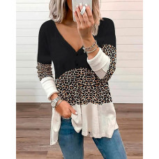 Contrast Leopard Colorblock Long Sleeve Top - black