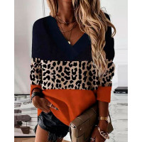 Contrast Leopard Colorblock Long Sleeve Top - orange