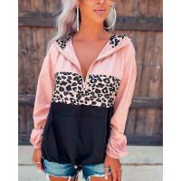 Contrast Leopard Colorblock Zip Front Hoodie - pink