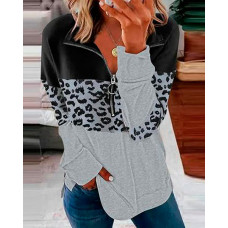 Contrast Leopard Colorblock Zip Front Long Sleeve Top - gray