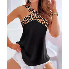 Contrast Leopard Crisscross Halter Tank Top - black