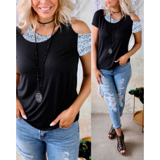 Contrast Leopard Cutout Cold Shoulder Top - black