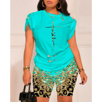 Contrast Leopard Faith Print Top & Shorts Set - turquoise blue