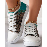 Contrast Leopard Fringe Hem Lace-up Canvas Sneakers - Leopard