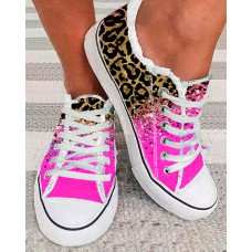 Contrast Leopard Gradient Fringe Hem Sneakers - hot pink