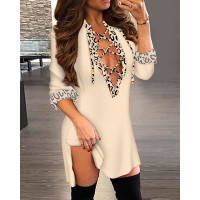 Contrast Leopard Lace-up Front Long Sleeve Shirt Dress - Apricot