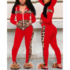 Contrast Leopard Long Sleeve Zip Up Top & Pants Set - red