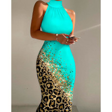 Contrast Leopard Mock Neck Bodycon Dress - green