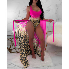 Contrast Leopard One Piece Swimsuit With Cover Up - rose red