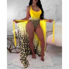 Contrast Leopard One Piece Swimsuit With Cover Up - yellow