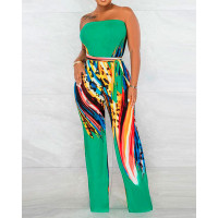 Contrast Leopard Print Bandeau Wide Leg Jumpsuit - green