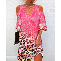 Contrast Leopard Print Colorblock Cold Shoulder Casual Dress - hot pink