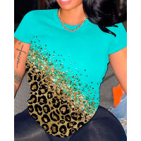 Contrast Leopard Print Crew Neck T-Shirt - turquoise blue