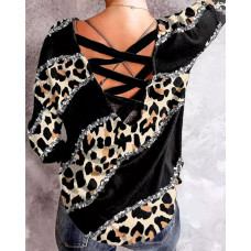 Contrast Leopard Print Crisscross Back Top - black