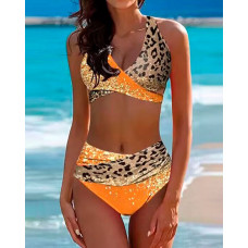 Contrast Leopard Print Crisscross Halter Bikini Set - orange