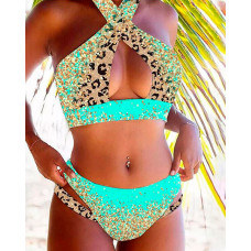 Contrast Leopard Print Cross Halter Cutout Bikini Set - Multicolor