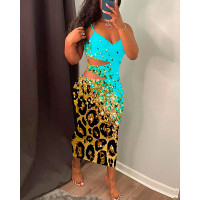 Contrast Leopard Print Cutout Midi Dress - turquoise blue