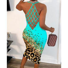 Contrast Leopard Print Fishnet Backless Bodycon Dress - turquoise blue