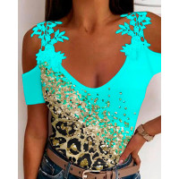 Contrast Leopard Print Lace Patch Cold Shoulder Top - turquoise blue