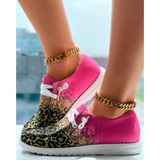 Contrast Leopard Print Lace-up Slip-On Loafers - hot pink