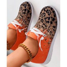 Contrast Leopard Print Lace-up Slip-On Loafers - orange