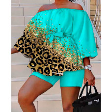 Contrast Leopard Print Off Shoulder Top & Shorts Set - blue