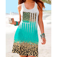 Contrast Leopard Print Pocket Design Causal Dress - turquoise blue