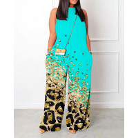 Contrast Leopard Print Pocket Design Wide Leg Jumpsuit - turquoise blue