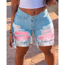 Contrast Leopard Print Ripped Patchwork Denim Shorts - blue