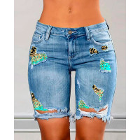 Contrast Leopard Print Ripped Patchwork Raw Hem Denim Shorts - blue