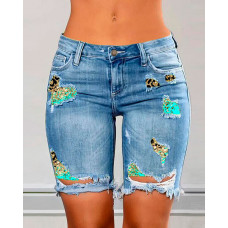 Contrast Leopard Print Ripped Patchwork Raw Hem Denim Shorts - blue