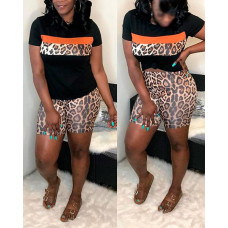 Contrast Leopard Print Round Neck Top & Shorts Set - black