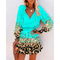 Contrast Leopard Print Ruffles Long Sleeve Dress - green