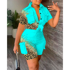 Contrast Leopard Print Top & High Waist Shorts Set - blue