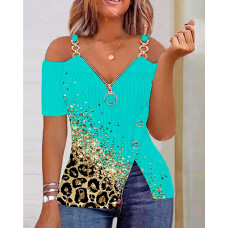 Contrast Leopard Print Zipper Detail Cold Shoulder Top - turquoise blue